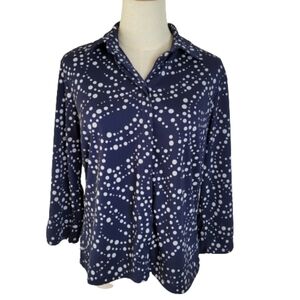 Amanda Smith Midnight Navy Polka Dot Long Sleeve Blouse Sz M